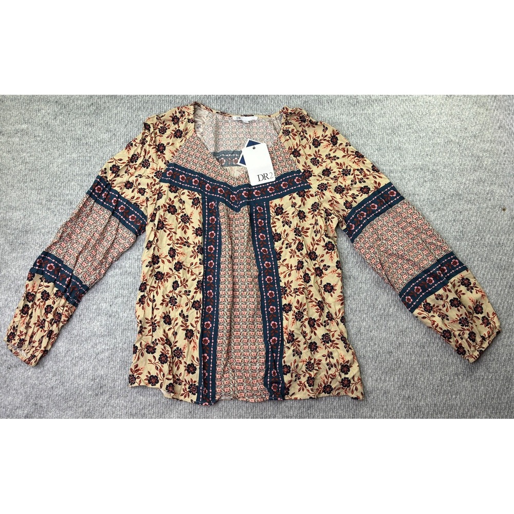 DR2 Womens Large Floral Patchwork Boho Peasant Blouse Long Sleeve Rayon NWT
